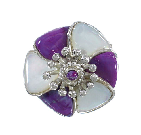 Genuine Sterling Silver Magenta Turquoise Mother Of Pearl Flower Ring Size 7-1/4 RX61470